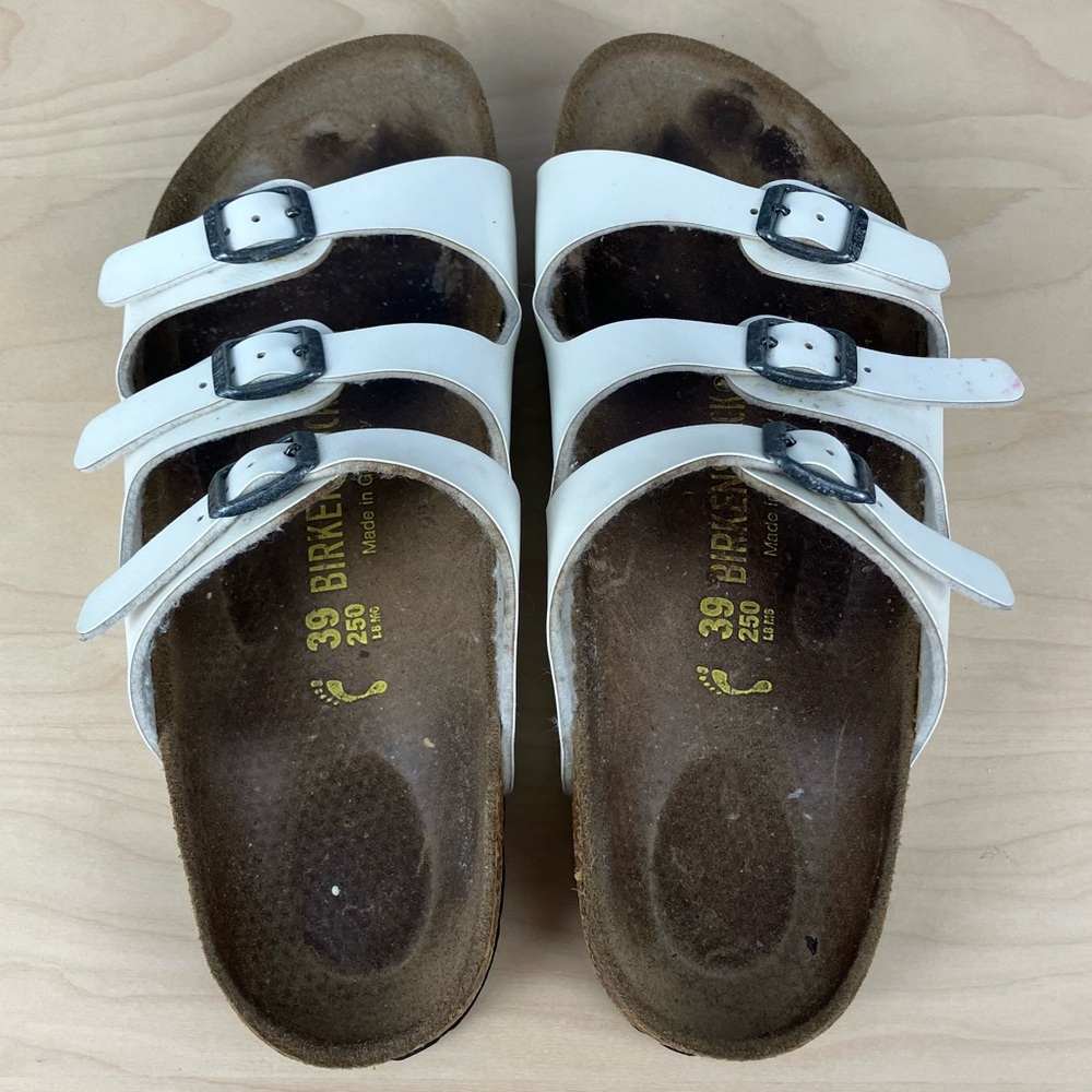 Birkenstock Women’s Size 39 / 8.0 Florida White Leather 3 Strap Cork Sandals - Picture 3 of 15
